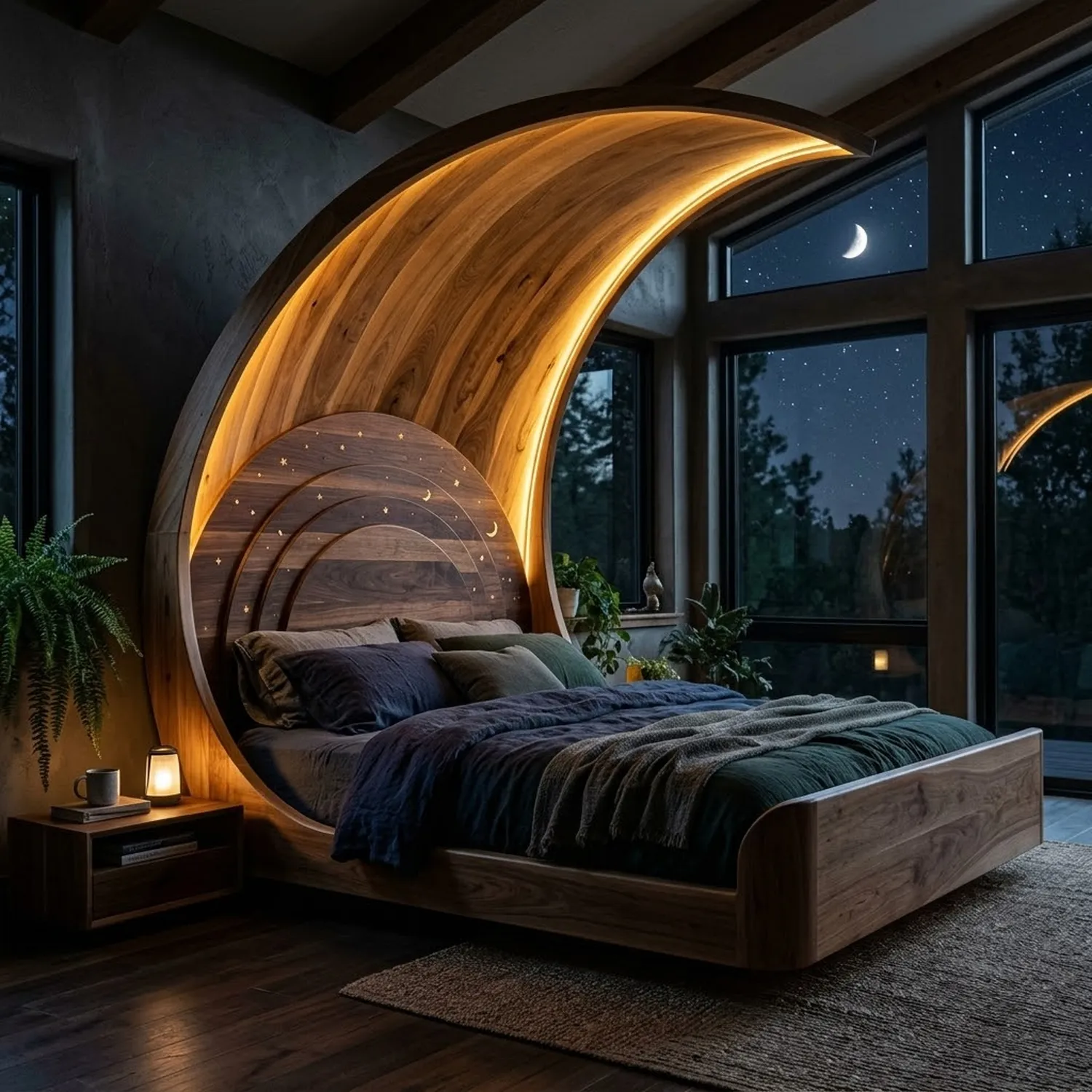 Wood Moonlit Canopy Bed Celestial Storybook Theme Modern Bedroom Styling